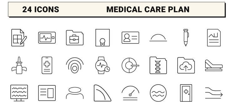Medical healthcare line icon set. Vector pictograms of patient safety, emergency response, clinical diagnostic, and care management elements, thin linear illustration.