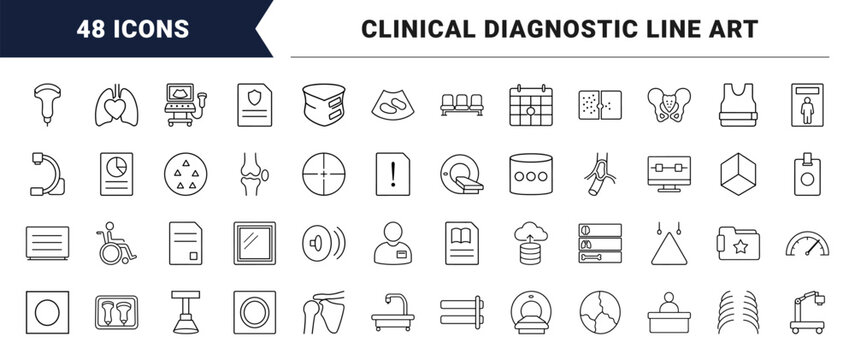 Hospital imaging department line icon set. Vector pictograms of radiology, diagnostic screening, medical scanning, and radiologist elements, thin linear illustration.