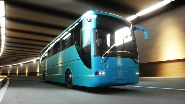 3d model Blue Tourist Coach Bus Driving Through Modern Tunnel. 3d rendering.