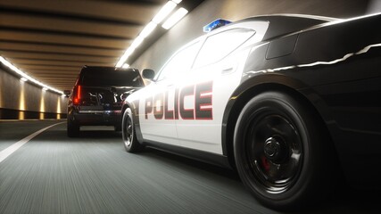 Police Car Pursuing Black SUV Through Highway Tunnel with Flashing Emergency Lights. 3d rendering. © 3D motion