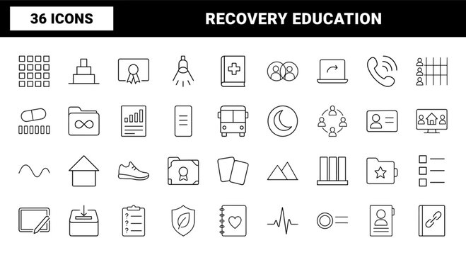 Recovery education program line icon set. Vector pictograms of wellness, support, curriculum, and rehabilitation elements, thin linear illustration.