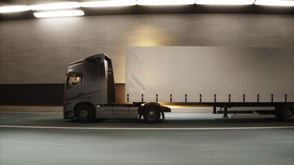 Fototapeta premium 3d model Heavy Cargo Truck Driving Through Modern Highway Tunnel. 3d rendering.