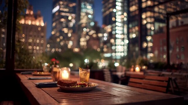 Outdoor caf bar restaurant. A nighttime cityscape photograph captures an outdoor dining area. A wooden table is set with a plate of food, a glass of iced tea, and a lit candle.