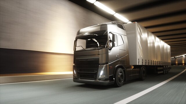 3d model Heavy Cargo Truck Driving Through Modern Highway Tunnel. 3d rendering.