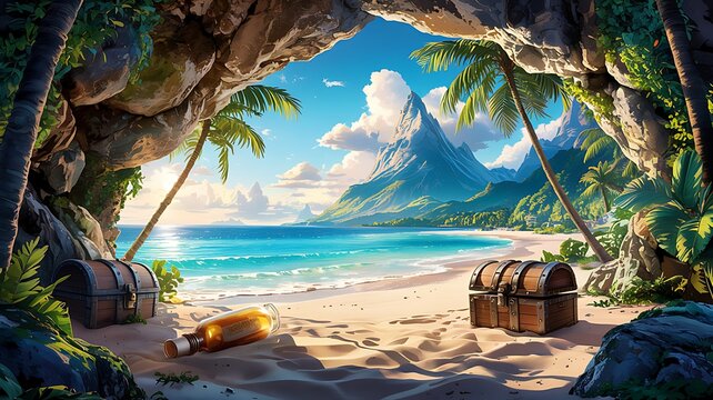 Tropical beach cave with treasure chest