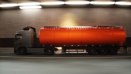 Fototapeta premium 3d model red oil Tanker Truck Driving Through Modern Highway Tunnel. 3d rendering.