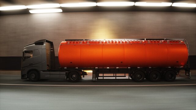 3d model red oil Tanker Truck Driving Through Modern Highway Tunnel. 3d rendering.