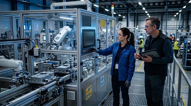 Industry engineers operating automated machinery and monitoring robotic arms via control panel in modern manufacturing plant.