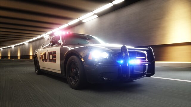 3d model Police Car Driving Through Tunnel with Flashing Lights. 3d rendering.