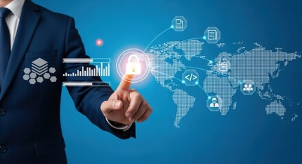 Obraz premium Businessman Touching Digital Security Lock on Global Network Interface with Data Analytics