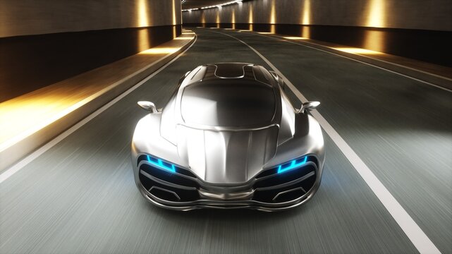 3d model Red Futuristic Sports Car Speeding Through Tunnel. 3d rendering.