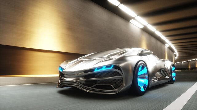 3d model Red Futuristic Sports Car Speeding Through Tunnel. 3d rendering.