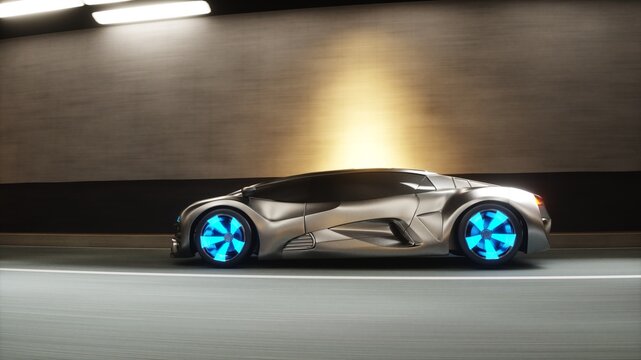 3d model Red Futuristic Sports Car Speeding Through Tunnel. 3d rendering.