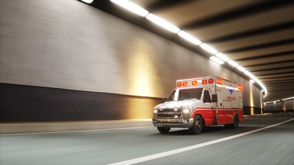 Ambulance Speeding Through Tunnel with Flashing Lights. 3d rendering. © 3D motion