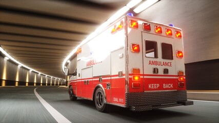 Ambulance Speeding Through Tunnel with Flashing Lights. 3d rendering. © 3D motion