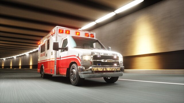 Ambulance Speeding Through Tunnel with Flashing Lights. 3d rendering.