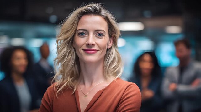 Female diversity. Human rights, equal opportunity concept. A professional portrait of a woman with blonde hair and blue eyes, captured in a candid moment. She wears a rustcolored.