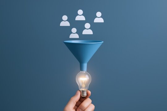 Conceptual representation of a business sales funnel converting prospects into bright ideas with a glowing lightbulb at the bottom