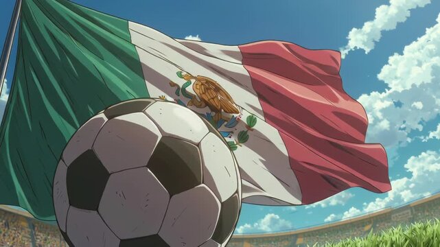 Mexican flag waving behind a soccer ball on a grass field under a blue sky with clouds.