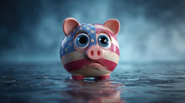 Cute Sad Piggy Bank with American Flag Pattern Submerged in Water, Symbolizing Financial Crisis
