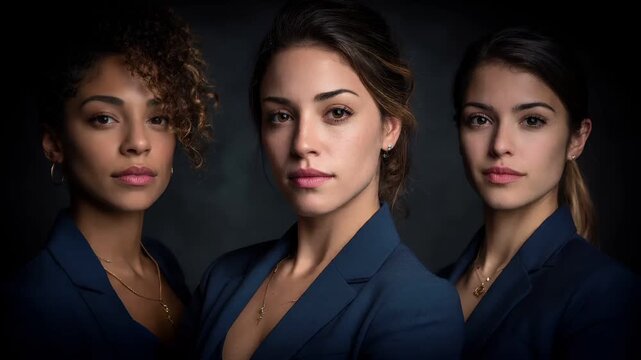 Female diversity. Human rights, equal opportunity concept. A portrait of three women, each with a distinct style and color palette. They wear navy blue blazers and gold necklaces.