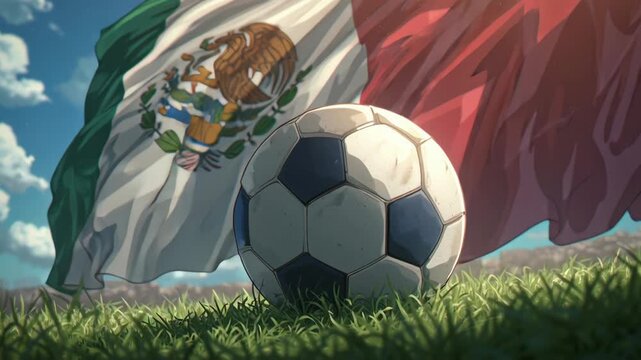 Close-up of a soccer ball on grass with Mexican flag in the background under blue sky.
