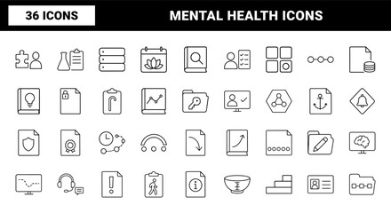 Fototapeta premium Behavioral Health Assessment line icon set. Vector pictograms of mental, clinical, psychological, and diagnostic elements, thin linear illustration.