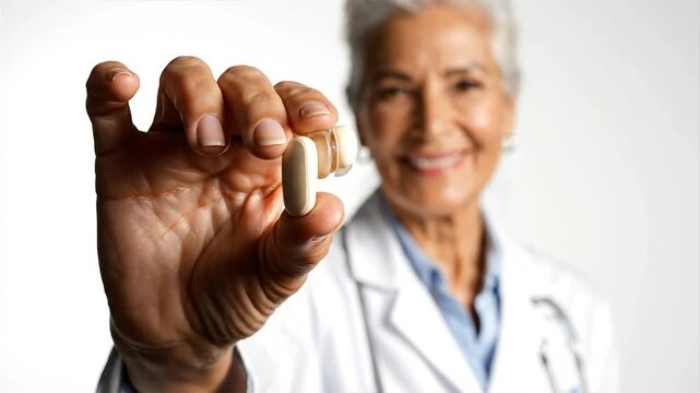 A smiling doctor holds a pill for hearing loss treatment with tinnitus symptoms in her hand