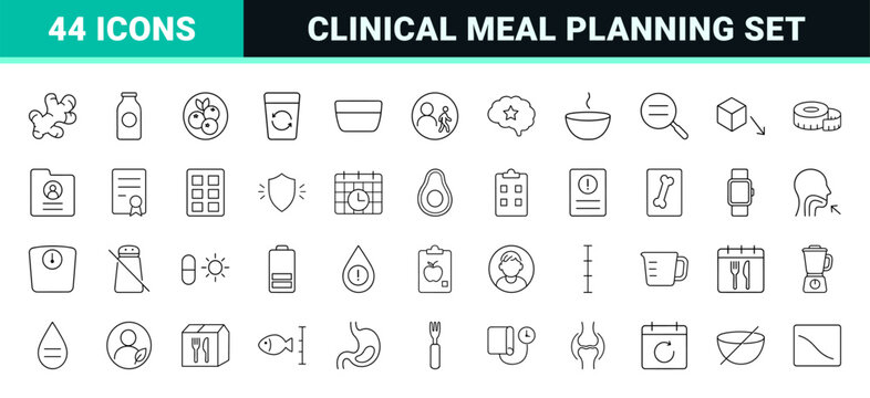 Senior nutrition counseling line icon set. Vector pictograms of geriatric diet, elderly wellness, meal planning, and metabolic health elements, thin linear illustration.