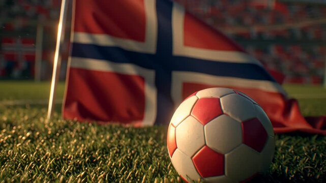 Norwegian flag with soccer ball on grass in stadium setting.