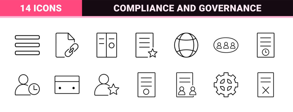 Peer review committee line icon set. Vector pictograms of evaluation, compliance, governance, and assessment elements, thin linear illustration.