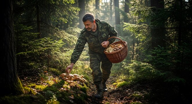 Mushroom picker man foraging wild mushrooms inside green forest trees