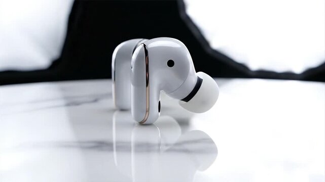 A person with hearing loss and tinnitus uses white earbuds on a marble table indoors.