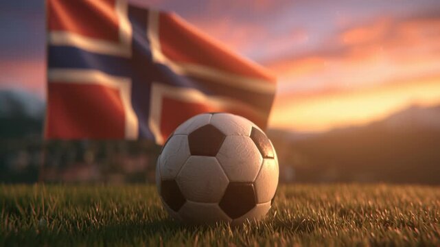 Soccer ball on grass field with Norwegian flag and sunset background.