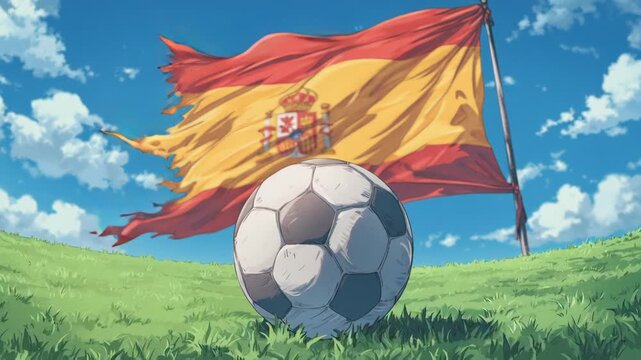 Animated scene of a large soccer ball on grass with a Spanish flag waving in the background under a blue sky.
