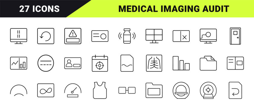 Radiology quality review line icon set. Vector pictograms of medical imaging, peer review, clinical audit, and diagnostic safety elements, thin linear illustration.
