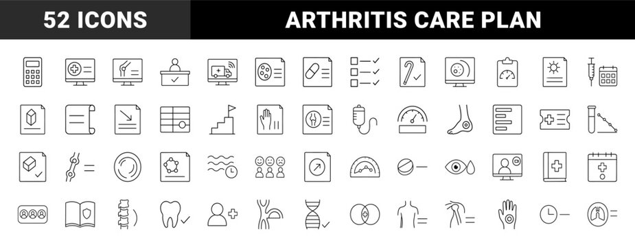 Rheumatology care plan line icon set. Vector pictograms of clinical assessment, disease monitoring, therapeutic intervention, and patient management elements, thin linear illustration.