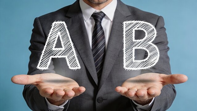 Businessman in suit holding hands out with letters A and B floating above palms, representing choice selection, option comparison, decision dilemma, alternative solution, binary