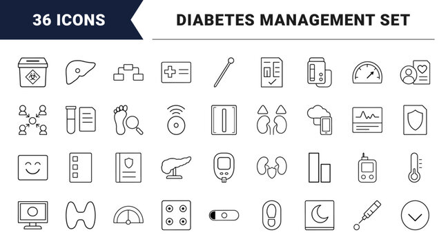 Endocrinology care plan line icon set. Vector pictograms of hormone therapy, diabetes management, clinical diagnostics, and patient monitoring elements, thin linear illustration.