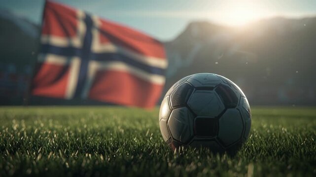 Soccer ball on grass field with Norwegian flag in background during sunset.