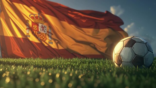 Close-up of a soccer ball on grass with a waving Spanish flag in the background.
