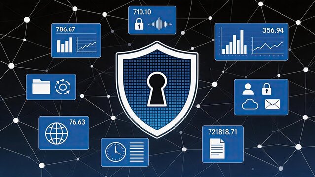 Cyber security shield icon protecting digital data network, information safety and privacy encryption concept for internet firewall antivirus software and secure online banking