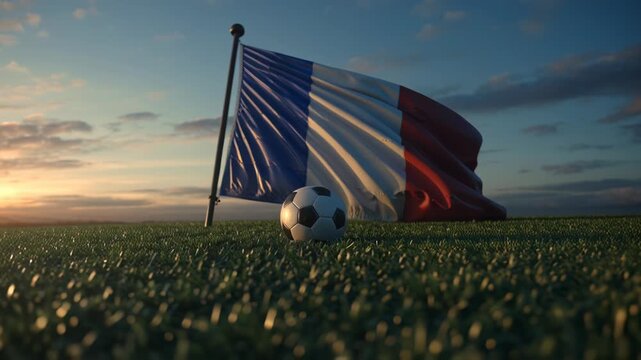 Soccer ball on grass field with French flag waving at sunset.