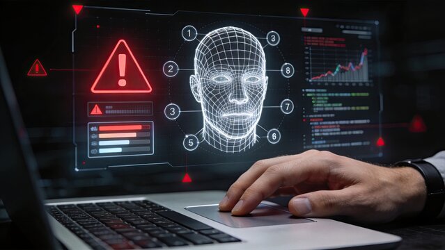 Futuristic facial recognition biometric security system interface, wireframe head scan with warning alert, cyber security technology, identity verification and authentication