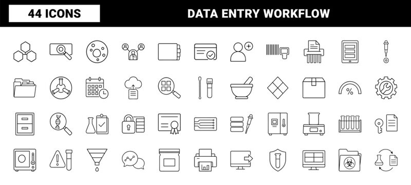 Lab data entry line icon set. Vector pictograms of laboratory, informatics, diagnostics, and research elements, thin linear illustration.
