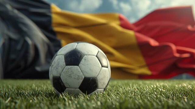 Close-up of a classic black and white soccer ball on grass with blurred Belgian flags in the background.