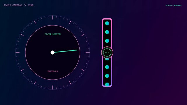 A digital factory sensor monitoring interface display shows fluctuating fluid levels on circular meters as vibrant neon light indicators shift across a dark computer screen