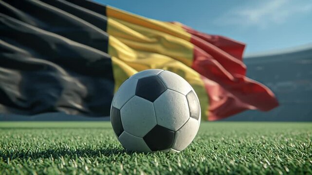 Soccer ball on grass field with Belgian flag waving in the background.