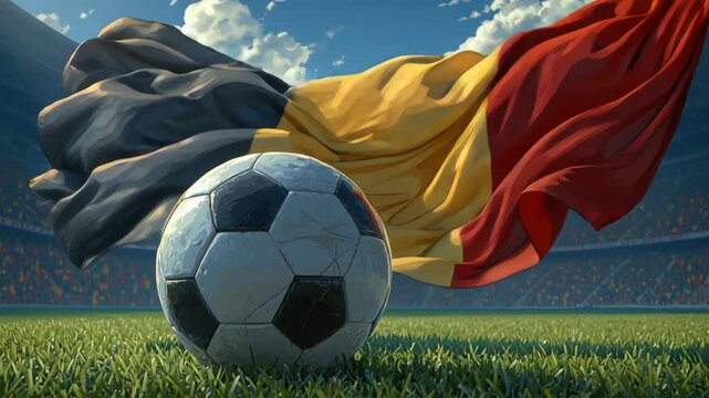 Soccer ball on grass field with waving Belgian flag in background.