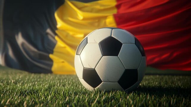 Soccer ball on grass field with Belgian flag in background.